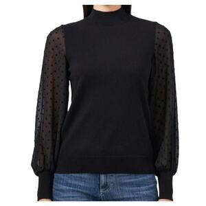 Vince Camuto Black Knitted Blouse Top Mock Neck Sheer Sleeves MSRP $79 Women's S
